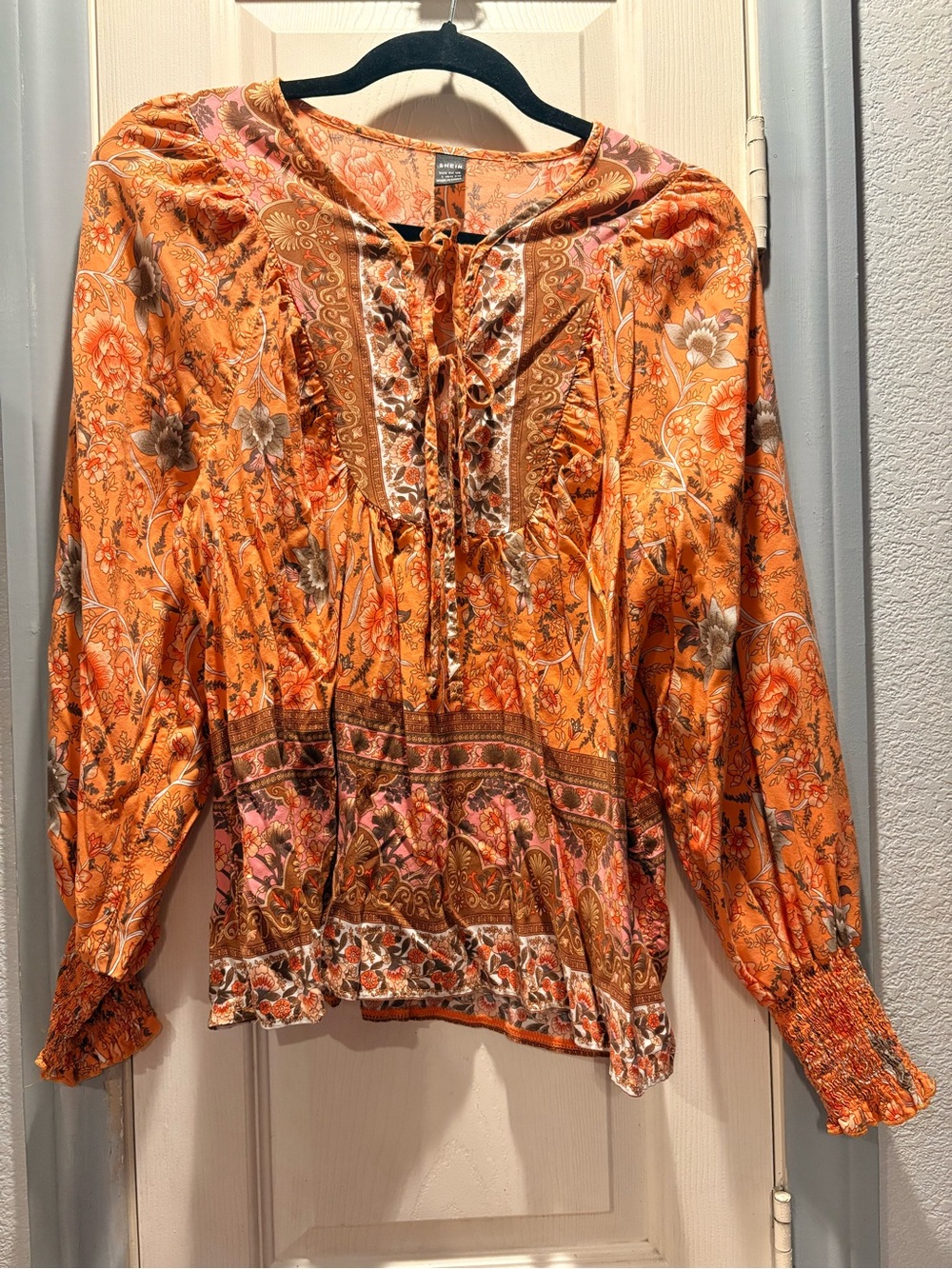 SHEIN Orange Floral Boho Peasant Blouse with Ruffle Yoke